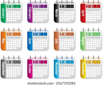Calendar icons set isolated on white background, Calendar set. Monthly calendar icons Set different color and copy space, isolated on white background. Eps file available. Calendar vector icon.