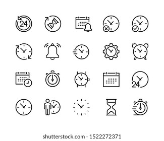 Calendar and Сlock icons set. Сollection of linear simple web vector icons such as Timer, Clock, Calendar, Alarm Clock and others. Editable vector stroke. 96x96 Pixel Perfect.