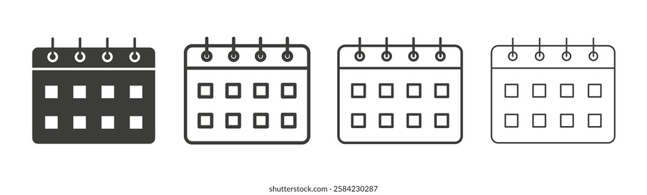 Calendar icons set. Liner outlined and flat black color