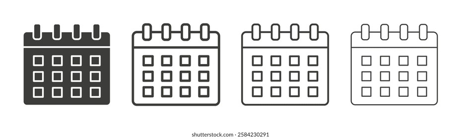 Calendar icons set. Liner outlined and flat black color