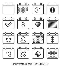 Calendar Icons Set on White Background. Line Style Vector