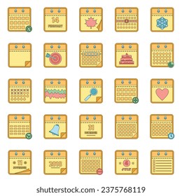 Calendar icons set. Outline illustration of 25 calendar vector icons thin line color flat on white