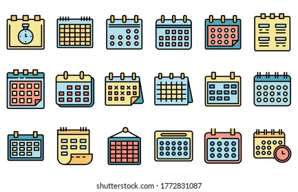 Conjunto de iconos de calendario. Conjunto de esquemas de iconos vectoriales de calendario color de línea delgada plano sobre blanco