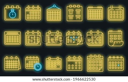 Calendar icons set. Outline set of calendar vector icons neon color on white