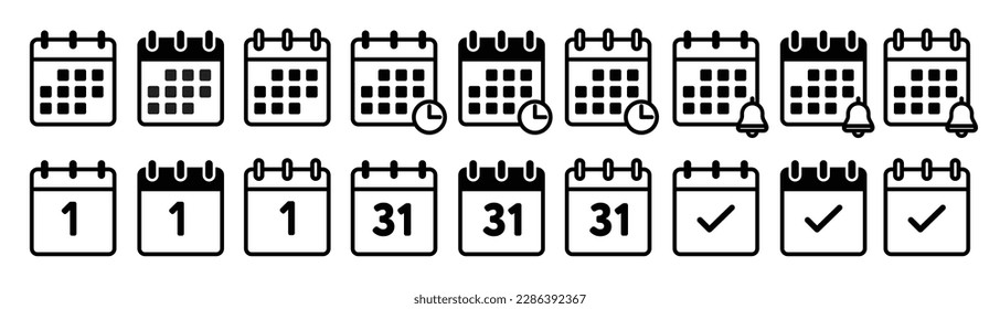 Calendar icons set. schedule agenda pictogram. appointment time day date calendar sign. calendar symbols collection. Simple outlined thin stroke web sign for Web or ui design. - Stock vector