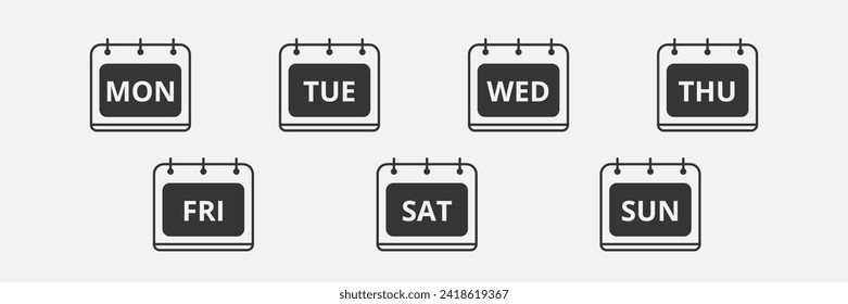 Calendar icons set, Seven Days of weeks .Organizer, planner, notes symbols. Vector