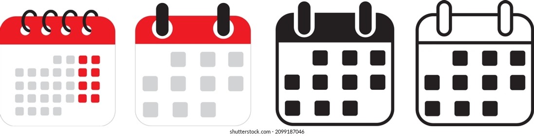 Kalender-Symbole gesetzt. Wöchentliches Kalendersymbol. Ein echter und flacher Stil. Kalendersymbol für Apps und Webseiten. Unterschied zwischen Kalendersymbol und Stil
