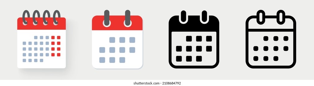 Calendar icons set. Weekly calendar icon. Outline and flat style. Calendar symbol for apps and website. Calendar icon difference style - stock vector.