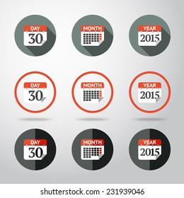 Calendar icons set - year, month, day. Different kinds of flat style. Vector