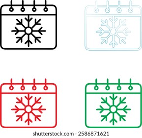 Calendar icons, snowflake symbols, winter schedule, seasonal planning, minimalist design, color variations, black red green blue outlines, simple geometric shapes, holiday organization, weather remind