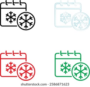 Calendar icons, snowflake symbols, winter schedule, seasonal planning, minimalist design, color variations, black red green blue outlines, simple geometric shapes, holiday organization, weather remind