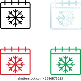 Calendar icons, snowflake symbols, winter schedule, seasonal planning, minimalist design, color variations, black red green blue outlines, simple geometric shapes, holiday organization, weather remind