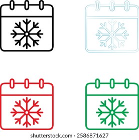 Calendar icons, snowflake symbols, winter schedule, seasonal planning, minimalist design, color variations, black red green blue outlines, simple geometric shapes, holiday organization, weather remind