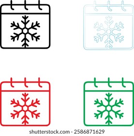 Calendar icons, snowflake symbols, winter schedule, seasonal planning, minimalist design, color variations, black red green blue outlines, simple geometric shapes, holiday organization, weather remind