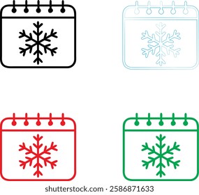 Calendar icons, snowflake symbols, winter schedule, seasonal planning, minimalist design, color variations, black red green blue outlines, simple geometric shapes, holiday organization, weather remind