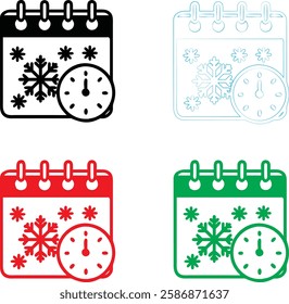 Calendar icons, snowflake symbols, winter schedule, seasonal planning, minimalist design, color variations, black red green blue outlines, simple geometric shapes, holiday organization, weather remind