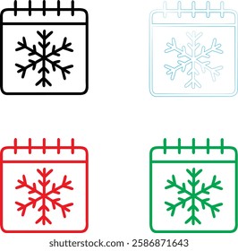 Calendar icons, snowflake symbols, winter schedule, seasonal planning, minimalist design, color variations, black red green blue outlines, simple geometric shapes, holiday organization, weather remind