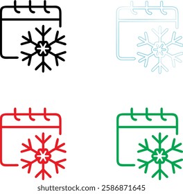 Calendar icons, snowflake symbols, winter schedule, seasonal planning, minimalist design, color variations, black red green blue outlines, simple geometric shapes, holiday organization, weather remind