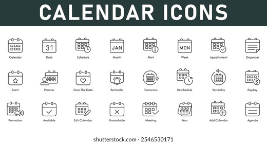 Calendar Icons vector illustration with thin line editable stroke containing date schedule month week appointment event planner reminder agenda meeting available year tomorrow pay day