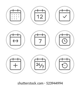 Calendar Icons Vector Set. Time and Seasons Simple Contour Line Style Signs. Vector Symbols of Diary, Organizer, Calender, Week, Months, Year, Date Pictogram Outline in circles on white background