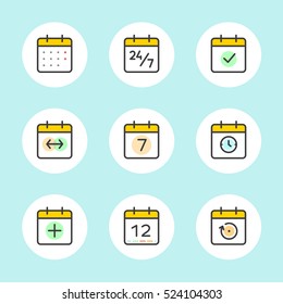 Calendar Icons Vector Set. Time and Seasons Simple Contour Line Style Signs. Symbols of Diary, Organizer, Calender, Week, Months, Year, Date on blue color background