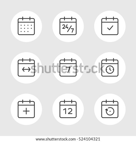 Calendar Icons Vector Set. Time and Seasons Simple Contour Line Style Signs. Vector Symbols of Diary, Organizer, Calender, Week, Months, Year, Date on gray color background