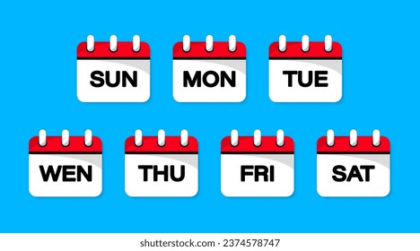 Iconos del calendario. Conjunto de iconos de la semana. Días de la semana. La insignia de los días de las semanas. Iconos vectoriales de calendario semanal. Botones Web - calendario de semana. Marcar la fecha, vacaciones, día importante. Ilustración del vector