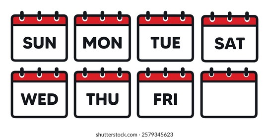 Calendar icons, weekdays, simple design, red and white, minimalist graphics, bold typography, organized layout, weekly planner, time management, schedule visualization, flat illustration