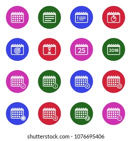 Calendar Icons. White Flat Design In Circle. Vector Illustration. 