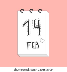 Calendar illustration. The 14th of February. Valentine's Day. Vector illustration.