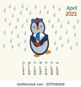 A calendar with an illustration of an animal for a month. Cartoon character month of April. Annual planner for 2022 with Penguin. Vector illustration