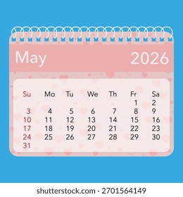 Ilustración de calendario para mayo de 2026 con patrones de corazón y fondo azul brillante. EPS 10