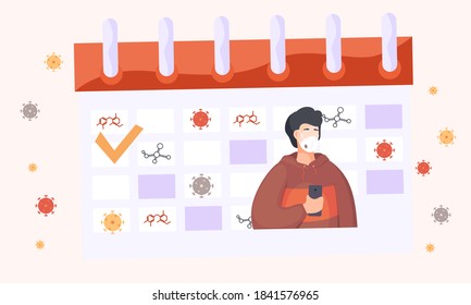 Calendar with an image of a check mark, a picture of a man in medical face mask holding a phone. Appearance of the calendar during an epidemic and quarantine. Preventing the spread of a disease