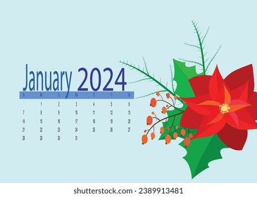 Calendar with the image of the month January, a red flower and a rowan