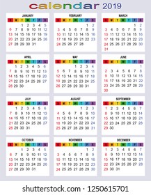 Calendar image in vector. Calendar for 2019 year. All days, weeks and months for a diary, notebook, journal. Wall calendar.