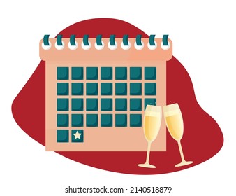 Calendario con una importante fecha de celebración, año nuevo, cumpleaños, evento. Vector simple y linda ilustración. Conjunto festivo de copas de vino espumoso sobre un fondo de color burdeos.