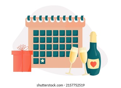 Calendario con una importante fecha de celebración, año nuevo, cumpleaños, evento. Vector simple y linda ilustración. Un juego festivo de copas de vino espumoso, una botella de champán y una caja de regalo.