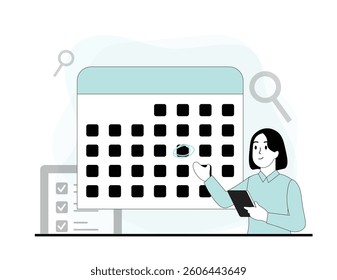 a calendar with important dates. a person pointing to a calendar. a woman looking at a calendar