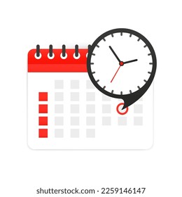 Calendar with an important event. Calendar icon with clock. Icon notice message with clock, agenda symbol with selected important day. Time appointment, reminder date concept. Vector illustration