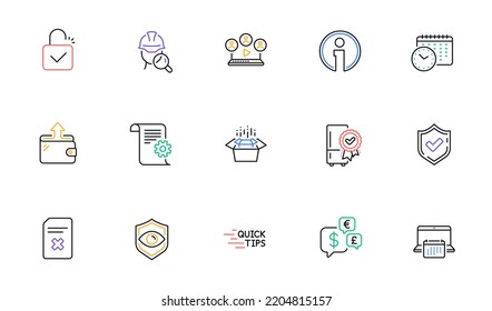 Calendar, Info and Delete file line icons for website, printing. Collection of Lock, Technical documentation, Education icons. Money currency, Wallet, Packing boxes web elements. Vector