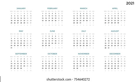 Calendar infographic, table chart, presentation chart. Business period concept. Task manager. Week, month. 2021 year. Time management. Organizer date diary. First day Monday.