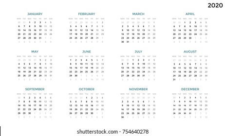 Calendar infographic, table chart, presentation chart. Business period concept. Task manager. Week, month. 2020 year. Time management. Organizer date diary. First day Monday.