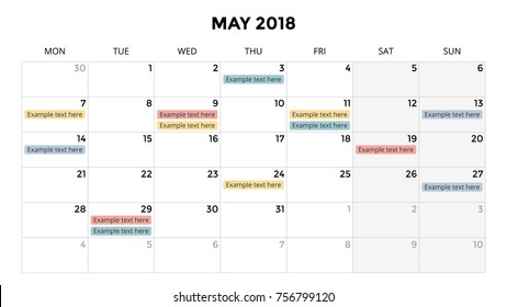 Calendar infographic, table chart, presentation chart. Business period concept. Task manager. Day, week, month. 2018 year. Time management. Organizer date diary.