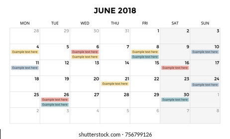 Calendar infographic, table chart, presentation chart. Business period concept. Task manager. Day, week, month. 2018 year. Time management. Organizer date diary.