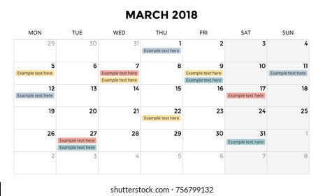 Calendar infographic, table chart, presentation chart. Business period concept. Task manager. Day, week, month. 2018 year. Time management. Organizer date diary.