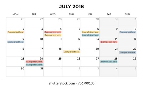 Calendar infographic, table chart, presentation chart. Business period concept. Task manager. Day, week, month. 2018 year. Time management. Organizer date diary.