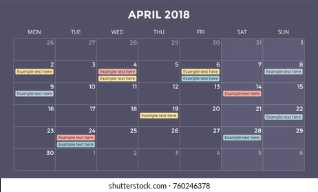 Calendar infographic, table chart, presentation chart. Business period concept. Task manager. Day, week, month. 2018 year. Time management. Organizer date diary.