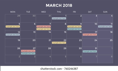 Calendar infographic, table chart, presentation chart. Business period concept. Task manager. Day, week, month. 2018 year. Time management. Organizer date diary.