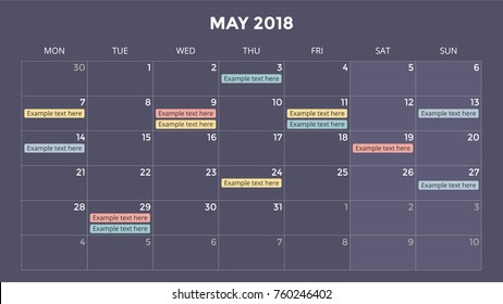 Calendar infographic, table chart, presentation chart. Business period concept. Task manager. Day, week, month. 2018 year. Time management. Organizer date diary.