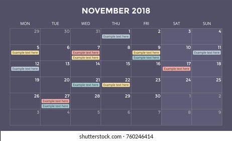 Calendar infographic, table chart, presentation chart. Business period concept. Task manager. Day, week, month. 2018 year. Time management. Organizer date diary.